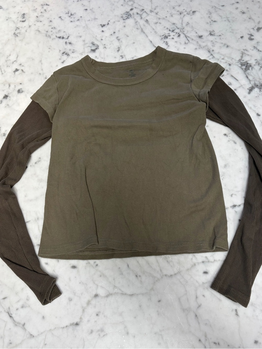 Brandy Melville Olive Body with Chocolate Ribbed Sleeves Long Sleeve Top